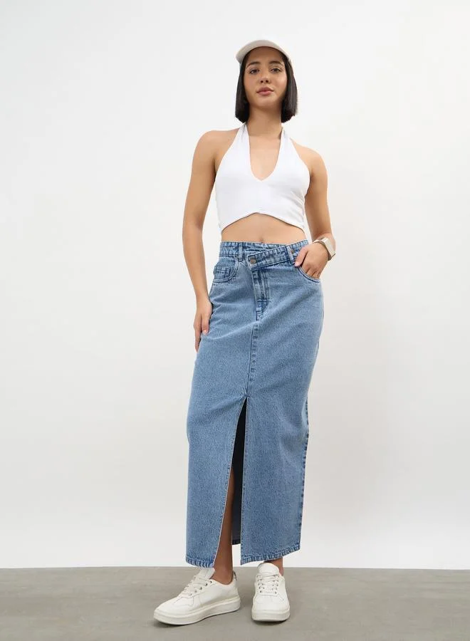 Sassafras Blue Asymmetrical Waist Front Slit Denim Maxi Skirt