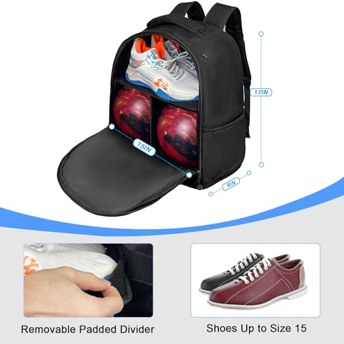 DAFISKY Bowling Ball Bag 2 Ball Bowling Backpack for Single or 2 Balls with Shoes Compartment Fits Up to US Size 15 - Image 2
