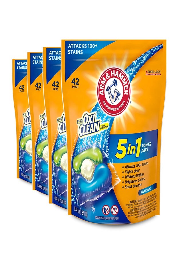 ARM & HAMMER Plus OxiClean 5-in-1 Liquid Laundry Detergent Power Paks, High Efficiency (HE), 42 Count (Pack of 4) - Image 1