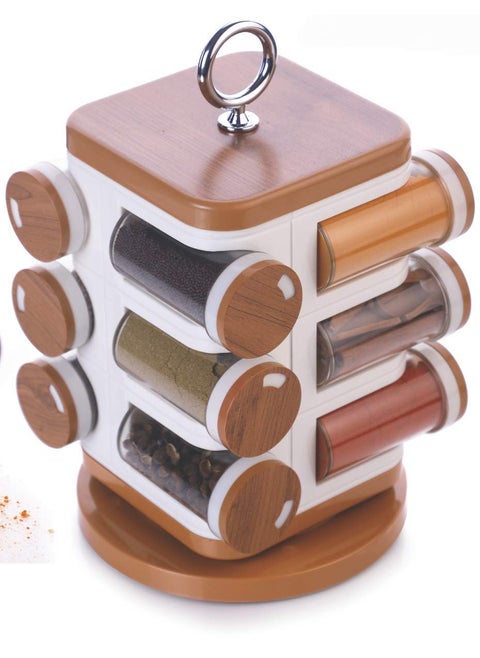 Luxdhara Wooden Revolving Plastic Spice Rack Containers Masala Jar Plastic Condiment Storage Jar Masala Box Spice Rack Stand Spice Storage Container Home Kitchen Set 12 Piece Spice Rack