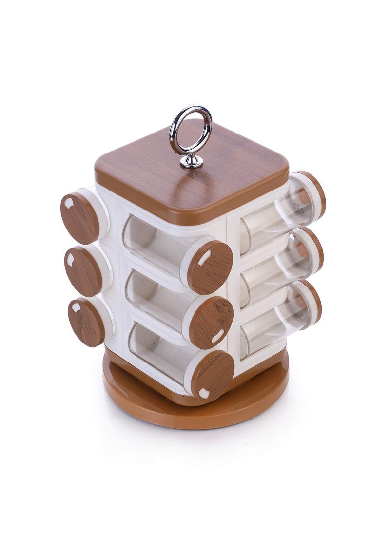 Luxdhara - Luxdhara Wooden Revolving Plastic Spice Rack Containers Masala Jar Plastic Condiment Storage Jar Masala Box Spice Rack Stand Spice Storage Container Home Kitchen Set 12 Piece Spice Rack - Image 1