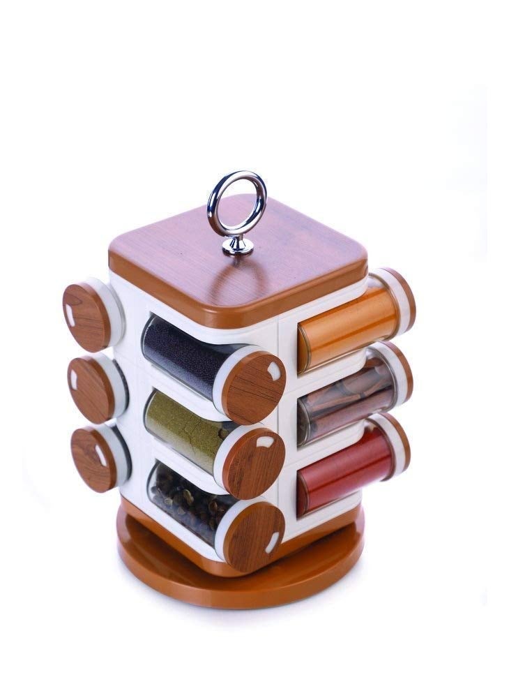Luxdhara - Luxdhara Wooden Revolving Plastic Spice Rack Containers Masala Jar Plastic Condiment Storage Jar Masala Box Spice Rack Stand Spice Storage Container Home Kitchen Set 12 Piece Spice Rack - Image 1