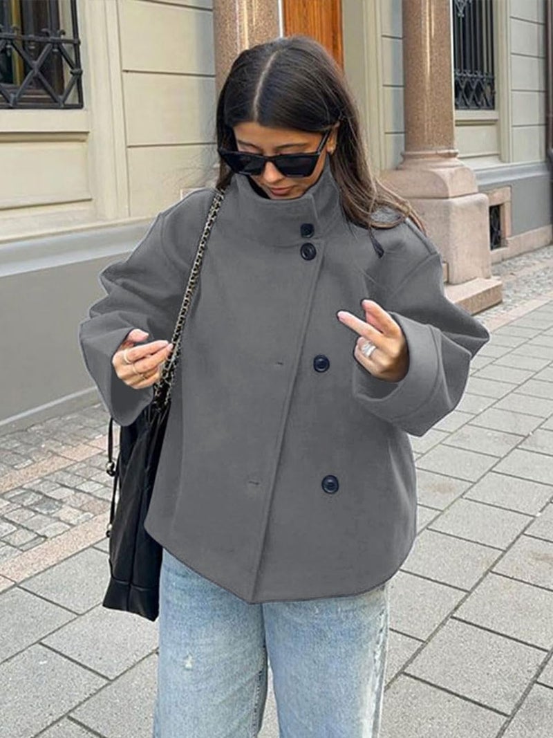 CHARTOU Women Crop Pea Coat Wool Blend Winter Loose Casual Short Jacket Outwear (Medium, Grey) - Image 3
