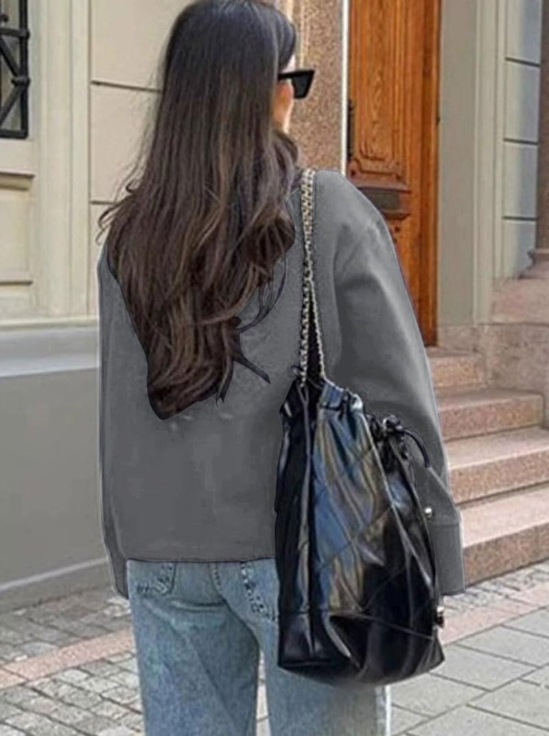 CHARTOU Women Crop Pea Coat Wool Blend Winter Loose Casual Short Jacket Outwear (Medium, Grey) - Image 4