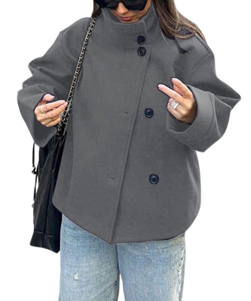CHARTOU Women Crop Pea Coat Wool Blend Winter Loose Casual Short Jacket Outwear (Medium, Grey) - Image 1