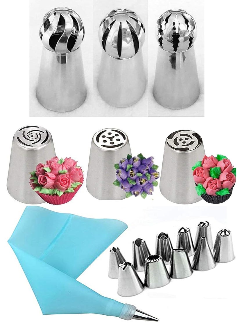 S.B. ANJALI SHALU BHAI SB ANJALI SHALU BHAI 18 Pieces Russian Tulip Icing Piping Nozzles Cake Decoration Tips Cooking One Coupler 1 Silicone Piping Bag  - Image 1