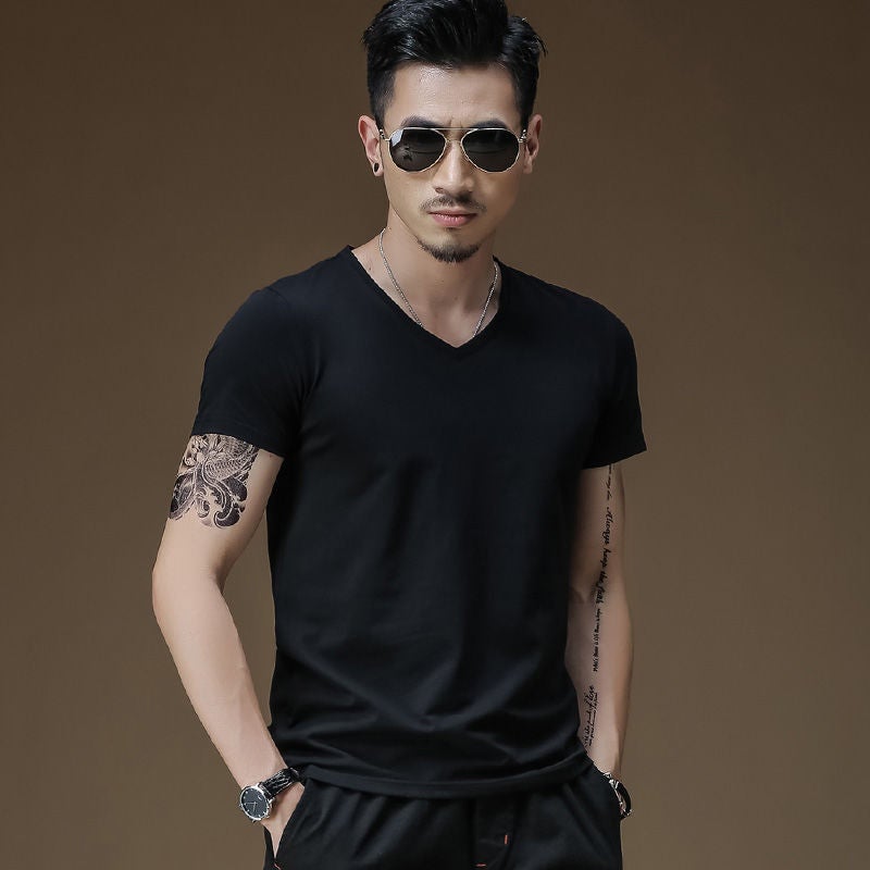Summer Short-Sleeved T-Shirt Men'S V-Neck Slim-Fit Solid Color Base Shirt Black Half-Sleeved Solid Color Cotton Fashionable Tight T-Shirt For Men - Image 5