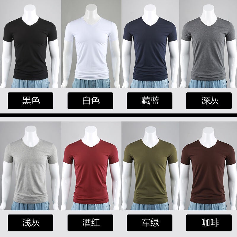 Summer Short-Sleeved T-Shirt Men'S V-Neck Slim-Fit Solid Color Base Shirt Black Half-Sleeved Solid Color Cotton Fashionable Tight T-Shirt For Men - Image 3
