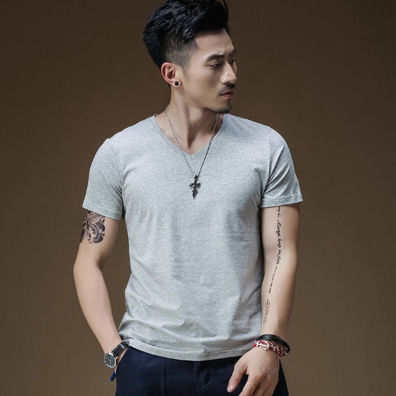Summer Short-Sleeved T-Shirt Men'S V-Neck Slim-Fit Solid Color Base Shirt Black Half-Sleeved Solid Color Cotton Fashionable Tight T-Shirt For Men - Image 1