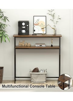 AGD Side table, modern design, coffee corner table, entrance table, consisting of two layers, wooden and metal structure, for the corridor and living room - brown/black.  - Image 4
