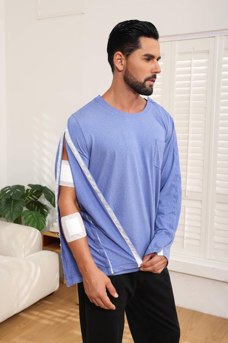 HORSSLE Post Shoulder Surgery Shirt, Comfy Wear After Surgery Long Sleeve Shirts, Full Open Side Snap Chemo & Dialysis - Image 2