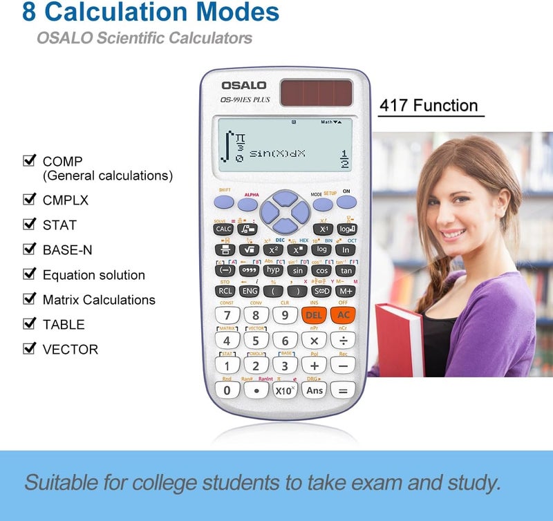 Scientific Calculator 417 Function 2 Line 10+2 Digits Written Display Solar Scientific Calculator (OS 991ES Plus) - Image 2