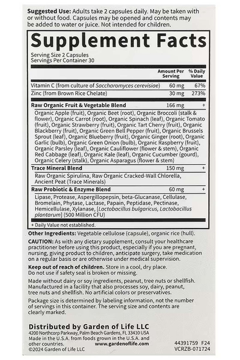 جاردن أوف لايف زنك خام 30 مجم – دعم قوي للمناعة وصحة الشعر والبشرة – مكمل غذائي نباتي مع فيتامين جـ، إنزيمات وبروبيوتيك – 60 كبسولة - Image 2