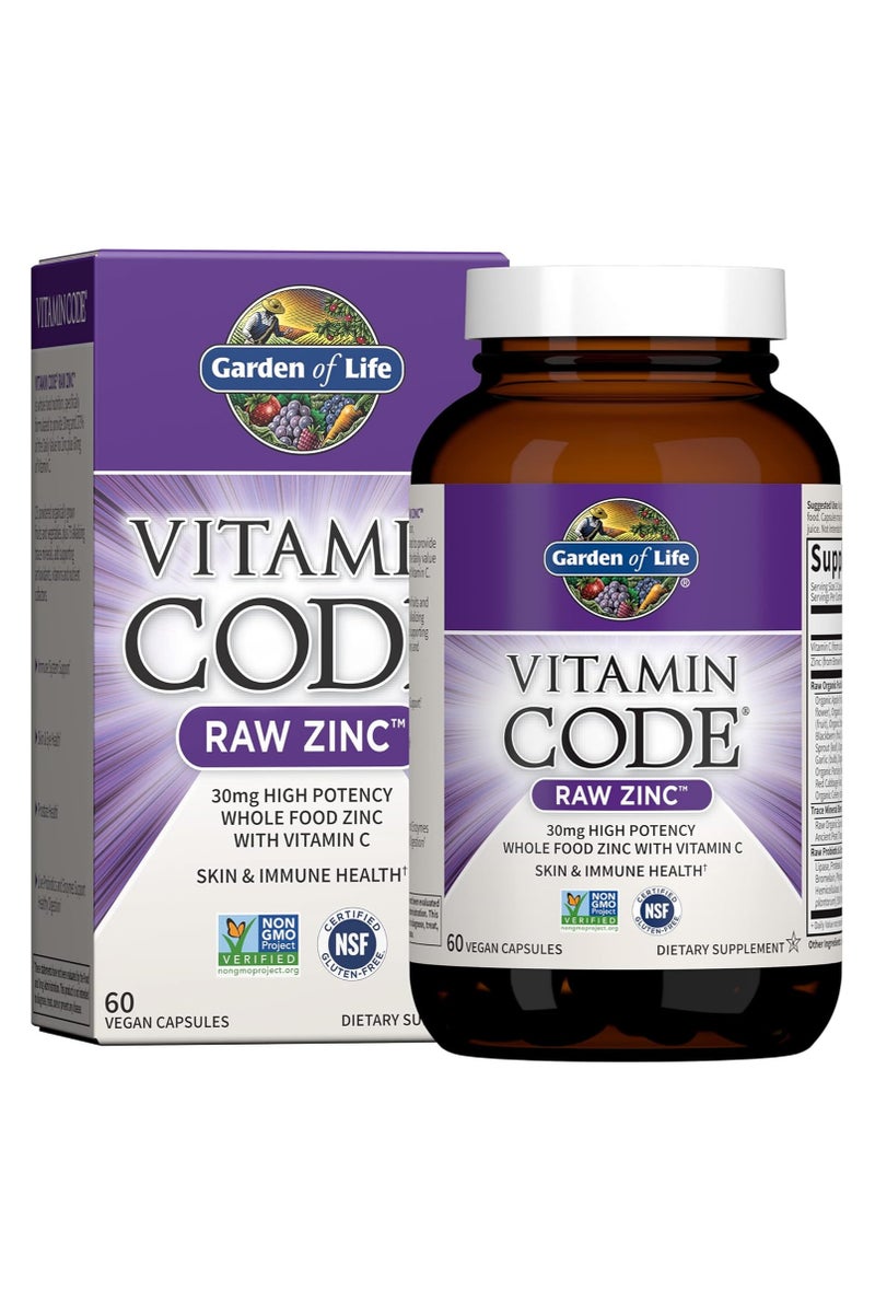 جاردن أوف لايف زنك خام 30 مجم – دعم قوي للمناعة وصحة الشعر والبشرة – مكمل غذائي نباتي مع فيتامين جـ، إنزيمات وبروبيوتيك – 60 كبسولة - Image 1