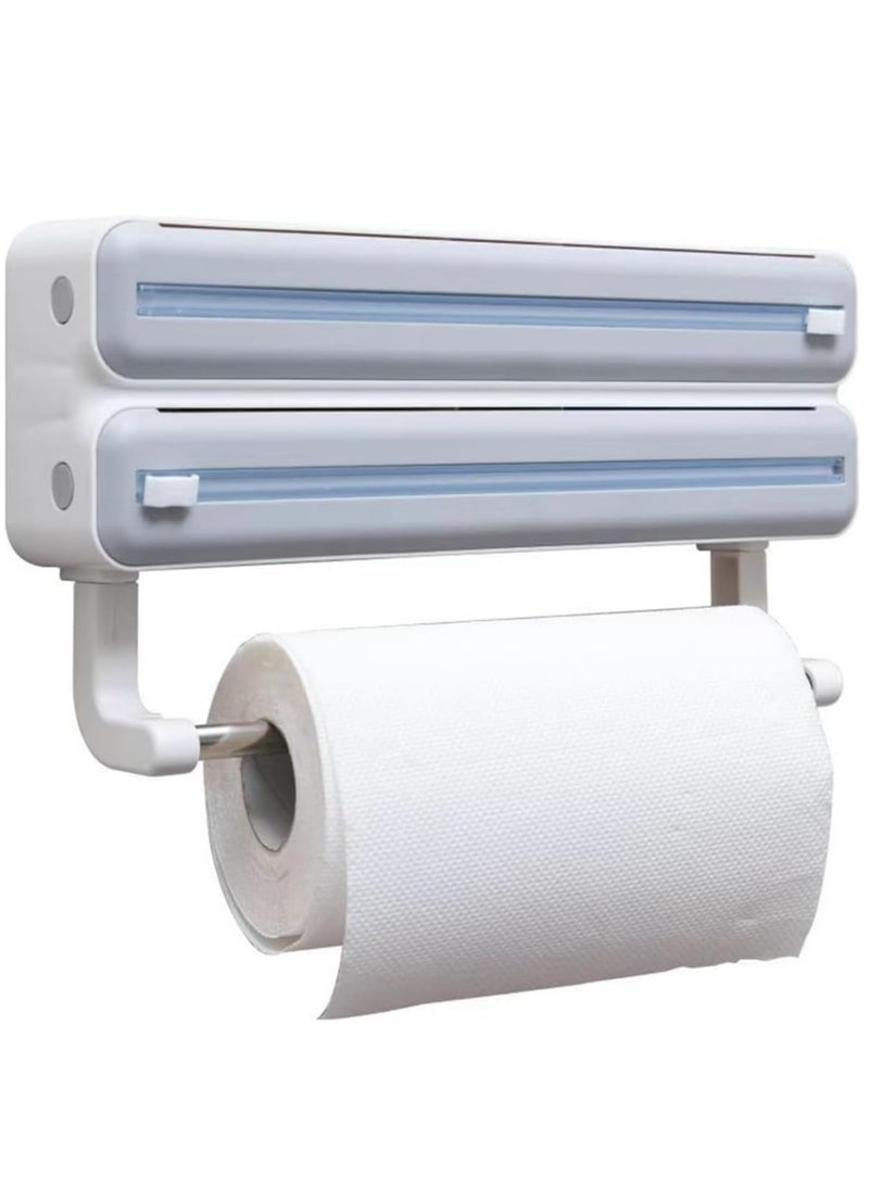 SAQOWARE Kitchen Roll Triple paper Dispenser ,Magnetic Plastic Wrap Dispenser with Cutter - Refillable Aluminum Tin Foil and Plastic Wrap Organizer for Kitchen,Upgraded 3 in 1 Paper Towel Holder Wall Mount  - Image 1