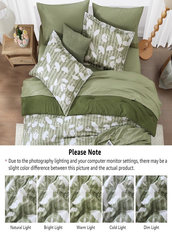 BLOOMHAVEN Full Comforter Set -7 Pieces Olive Green Floral Comforter Set Full for All Seasons, Bed in a Bag Full with Botanical Flowers Comforter, Sheets, Pillowcases & Shams - Image 5