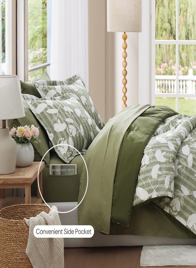 BLOOMHAVEN Full Comforter Set -7 Pieces Olive Green Floral Comforter Set Full for All Seasons, Bed in a Bag Full with Botanical Flowers Comforter, Sheets, Pillowcases & Shams - Image 3