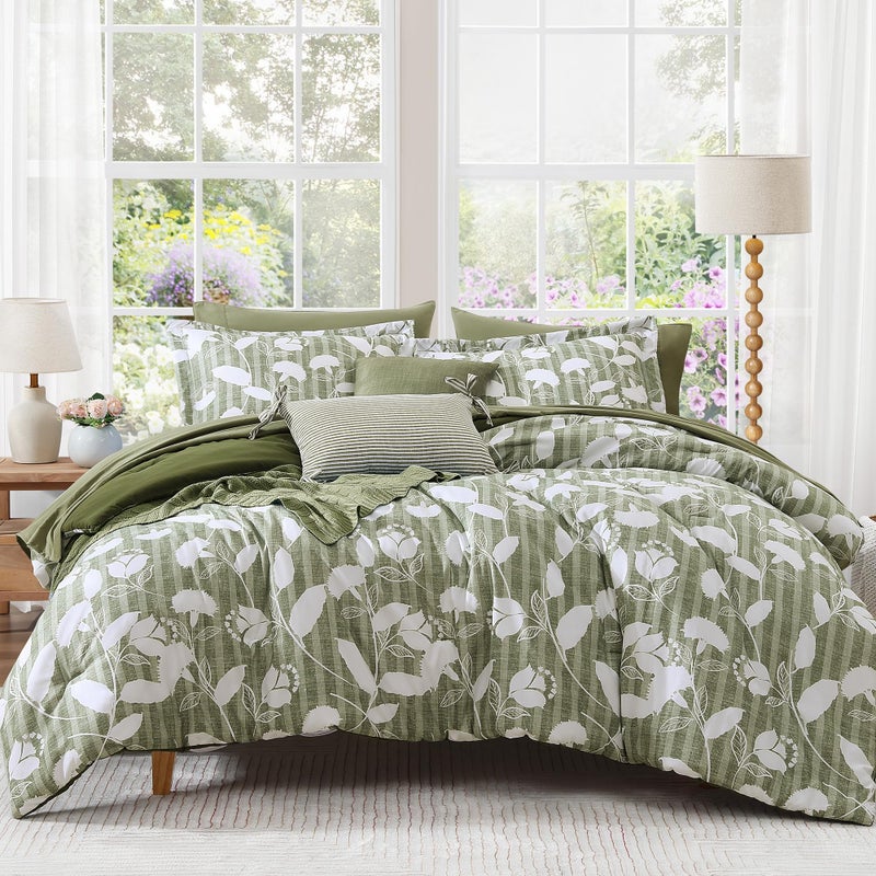 BLOOMHAVEN Full Comforter Set -7 Pieces Olive Green Floral Comforter Set Full for All Seasons, Bed in a Bag Full with Botanical Flowers Comforter, Sheets, Pillowcases & Shams - Image 1