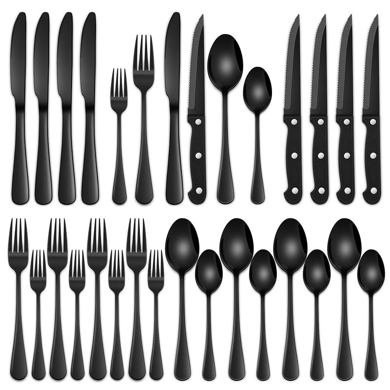 Dehov 24-Piece Black Silverware Set with Steak Knives, Black Flatware Set for 4, Food-Grade Stainless Steel Tableware Cutlery Set, Mirror Finished Knife Spoon And Fork Sets for Home Restaurant - Image 1