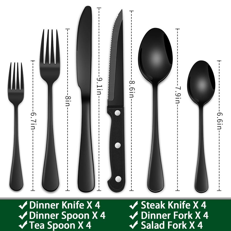 Dehov 24-Piece Black Silverware Set with Steak Knives, Black Flatware Set for 4, Food-Grade Stainless Steel Tableware Cutlery Set, Mirror Finished Knife Spoon And Fork Sets for Home Restaurant - Image 2