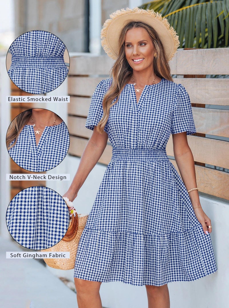 popvil Women Summer Mini Gingham Dress 2026 Spring A Line Casual Sun Dress Short Sleeve Beach Vacation Boho V Neck Short Dress Resort Work(Dark Blue,Medium) - Image 5