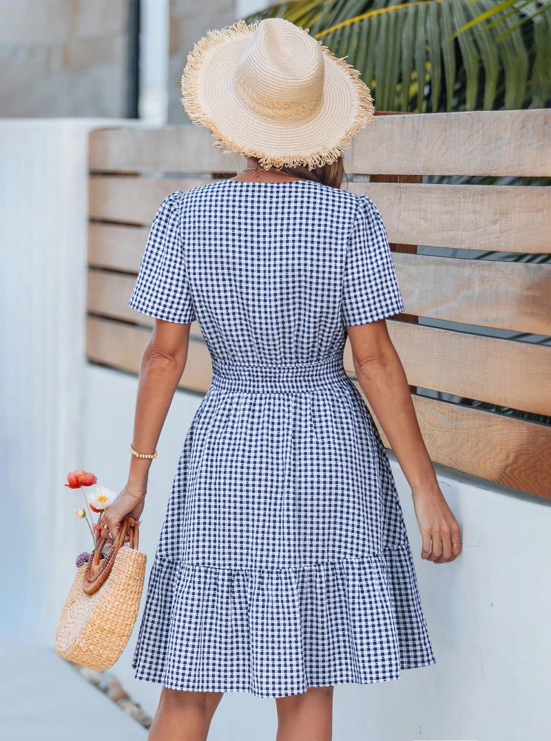 popvil Women Summer Mini Gingham Dress 2026 Spring A Line Casual Sun Dress Short Sleeve Beach Vacation Boho V Neck Short Dress Resort Work(Dark Blue,Medium) - Image 3