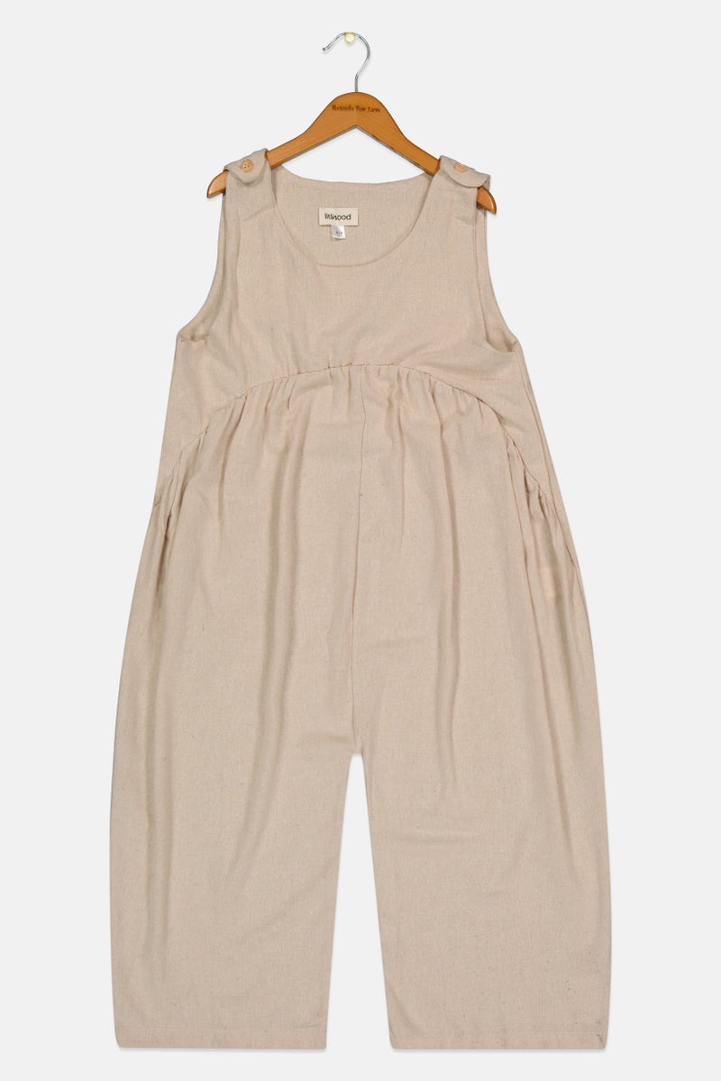 Litlhood Kids Girl Sleeveless Plain Jumpsuit, Beige - Image 3
