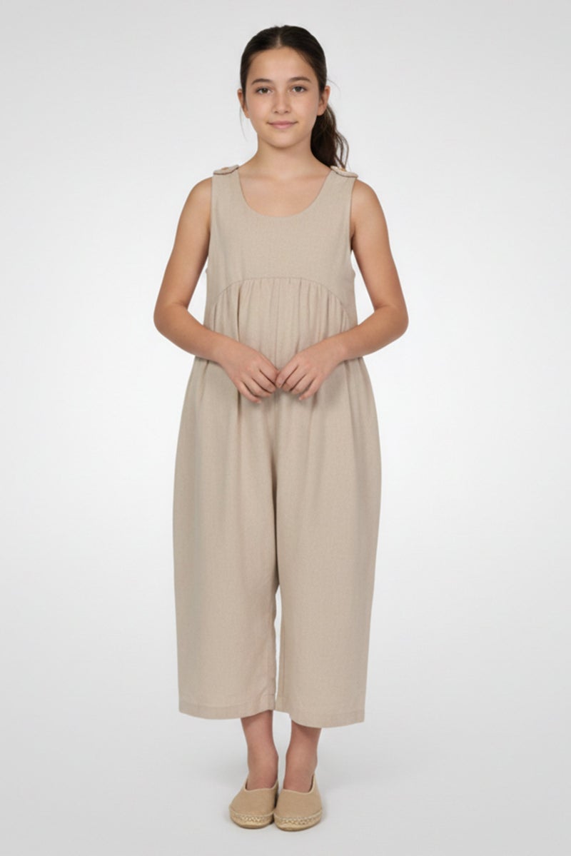 Litlhood Kids Girl Sleeveless Plain Jumpsuit, Beige - Image 1