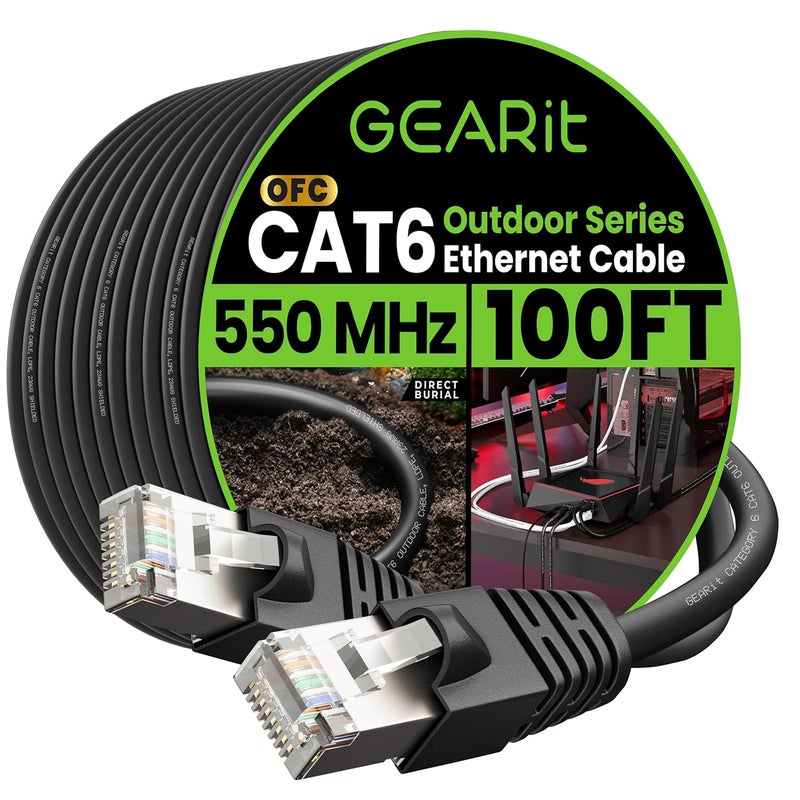 GearIT Cat6 Outdoor Ethernet Cable (100ft) 23AWG Pure Copper, FTP, LLDPE, Waterproof, Direct Burial, In-Ground, UV Resistant, POE, Network, LAN, Internet, Cat 6, Cat6 Cable - 100 Feet - Image 1