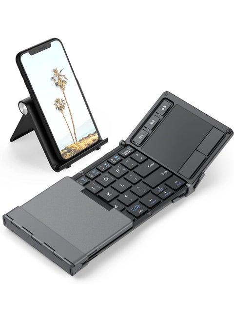 Pocket-Size Tri-Fold Bluetooth Keyboard with Touchpad – Connect Up to 3 Devices, Ultra-Portable & Rechargeable