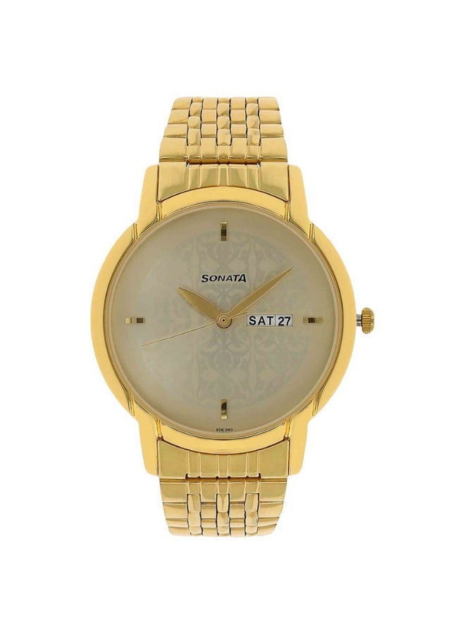 Sonata 77031YM04 Men’s Watch – Silver Dial, Gold Stainless Steel Strap, Day & Date Function, Quartz Movement - Image 1