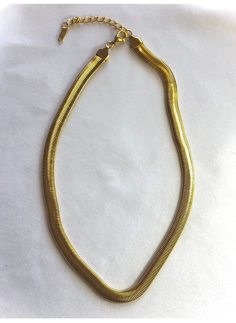 Knittingtr - Steel Gold Italian Thick Chain Flat Steel Necklace Zircon Gold - Image 1