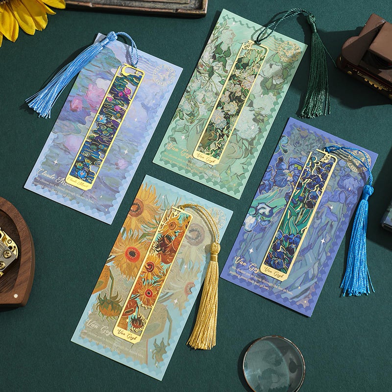 Draupnir 4 Pieces Metal Bookmark with Tassel,Cute Bookmarks Oil Painting Theme Aesthetic Bookmark Golden Van Gogh Book Marks for Women Man Book Lovers Writers Reader Adult Children Teens - Image 5