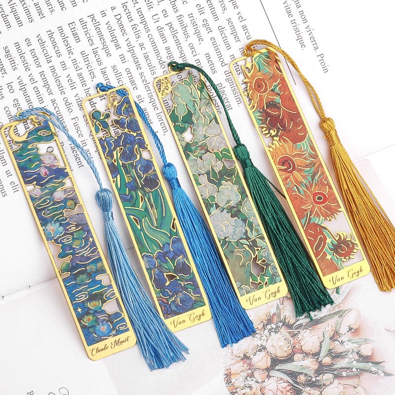 Draupnir 4 Pieces Metal Bookmark with Tassel,Cute Bookmarks Oil Painting Theme Aesthetic Bookmark Golden Van Gogh Book Marks for Women Man Book Lovers Writers Reader Adult Children Teens - Image 1