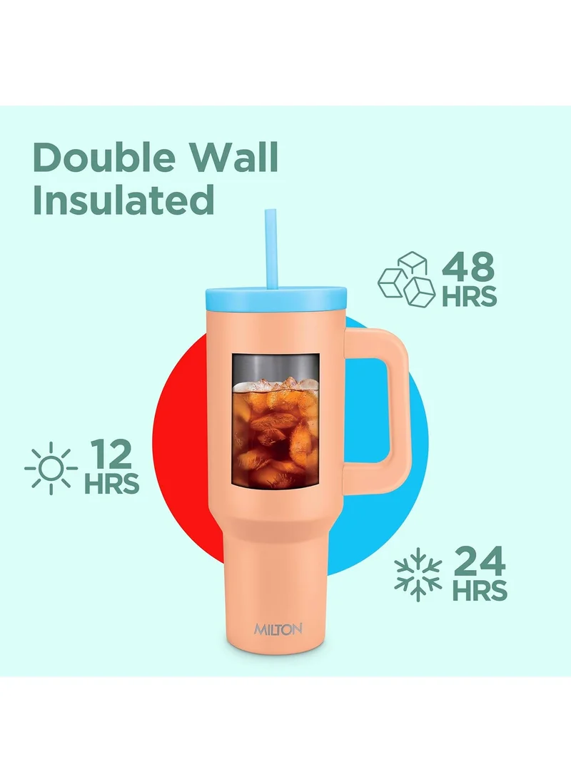 Milton MILTON 1180ml Vacuum Insulated Tumbler with Dual Removable Handle - Includes 2 Straws, Keeps Drinks Hot &amp; Cold, 18/8 Stainless Steel, Double-Walled Flask, Travel Mug for Car, Outdoors - Venus - Peach