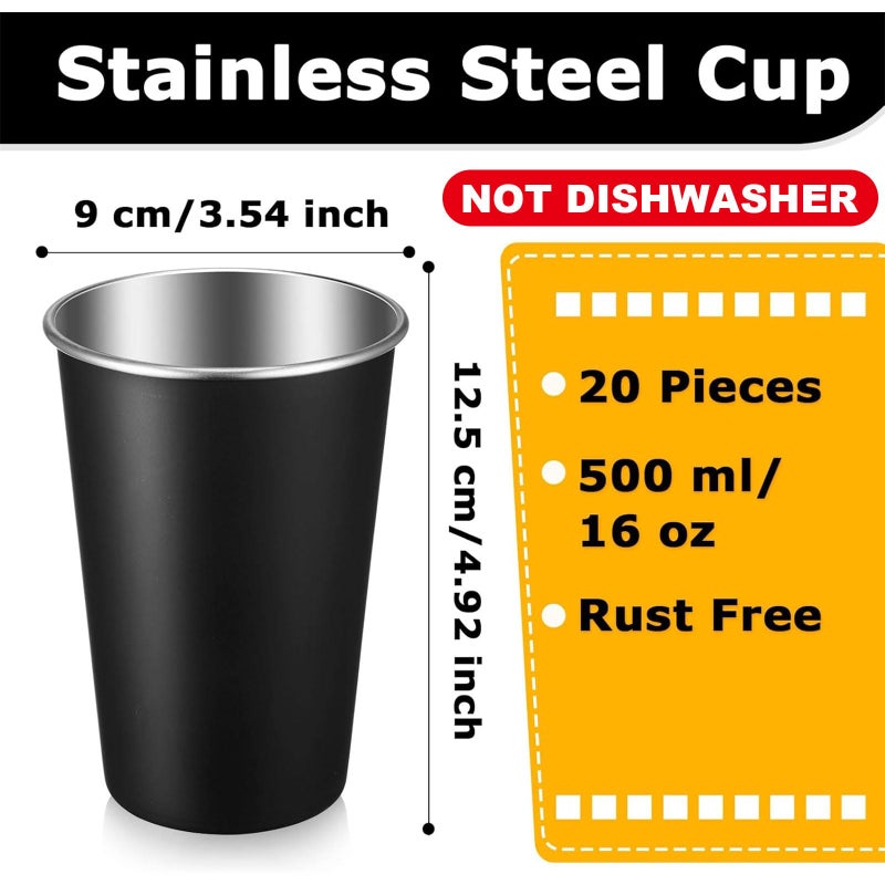 Mimorou 20 Pack Stainless Steel Pint Cups Metal Cups Unbreakable Drinking Water Tumblers Stackable Tumbler for Adults Bar Home Restaurant Travel Picnic Camping Outdoor (Black,16 oz) - Image 2