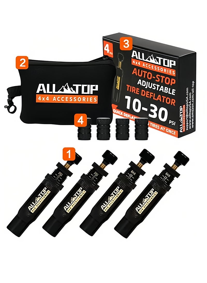 ALL-TOP مجموعة صمام تخفيض ضغط الإطارات القابل للتعديل، أداة تخفيض الهواء من 10 إلى 30 psi، ملحقات للطرق الوعرة، 4 قطع - Image 1