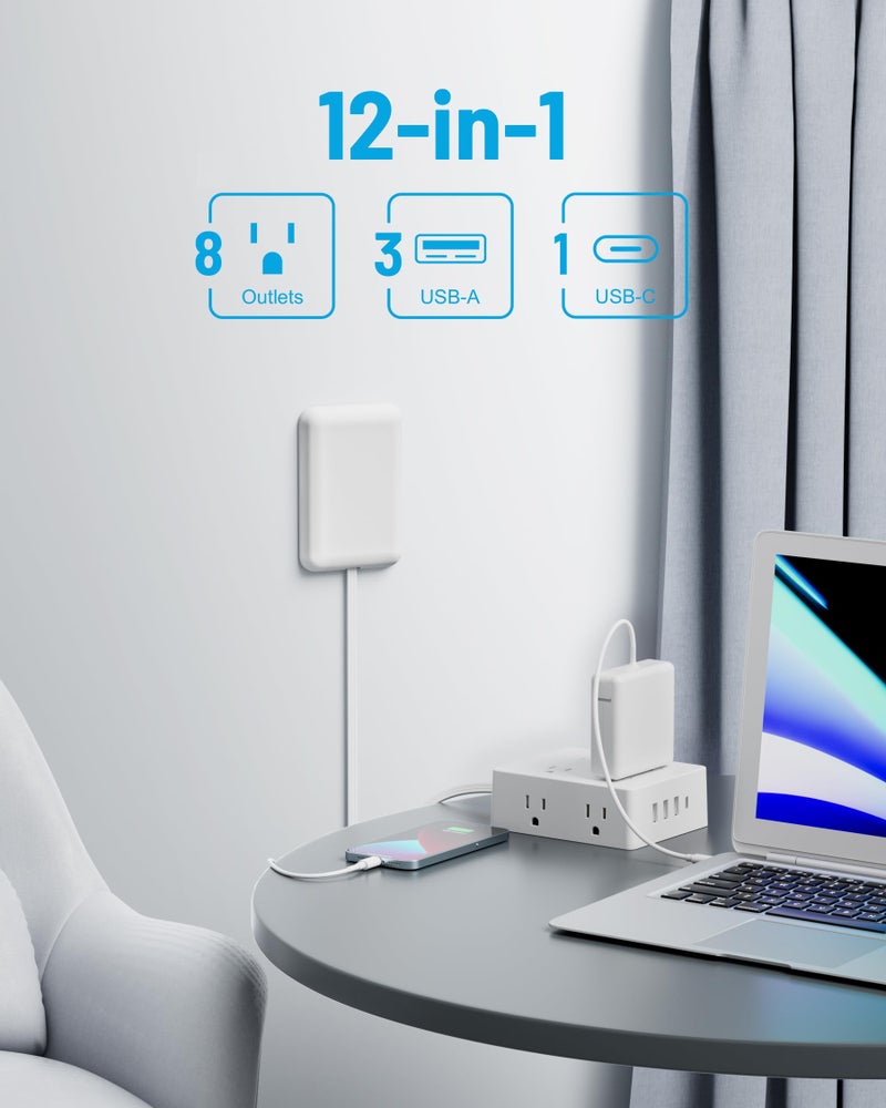 olcorife Flat Extension Cord with Outlet Cover, Olcorife Flat Plug Power Strip with 8 Outlets and 4 USB Ports, 2000 Joules Surge Protector, 5 FT Cord Hidden Outlet Extender for Tight Spaces - Image 2