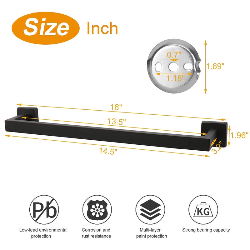 TocTen Bath Towel Rack - Square Base Thicken SUS304 Stainless Steel Towel Bar for Bathroom, Bathroom Accessories Towel Rod Heavy Duty Wall Mounted Towel Holder. (Black, 16) - Image 2