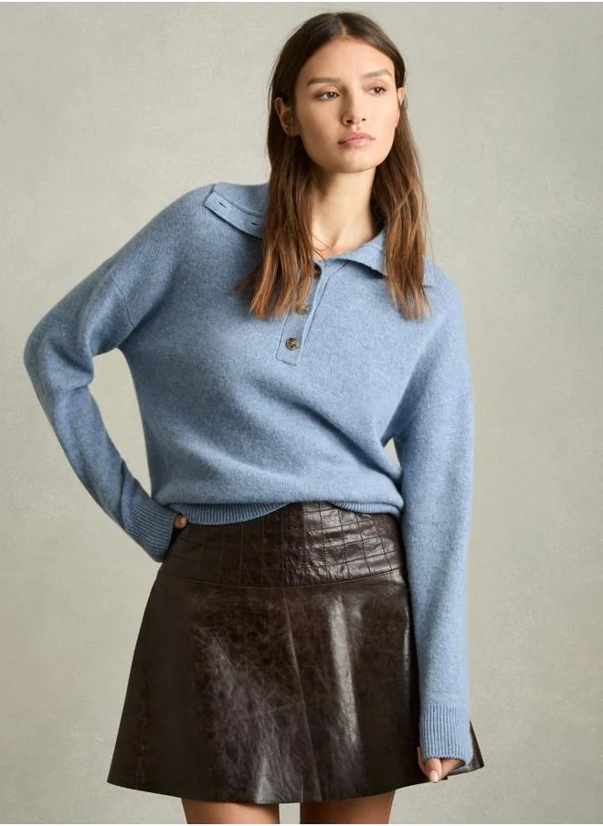 REISS Open Neck Button Knit