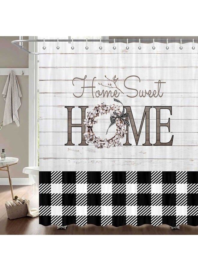 MERCHR Black White Buffalo Check Plaid Shower Curtain, Rustic Fabric Shower Curtains for Bathroom with Floral Decor on Wooden Board, Polyester Fabric Bathroom Shower Curtain with Hooks (69Wx70L) - Image 3