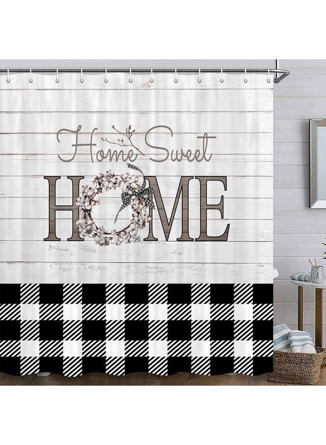 MERCHR Black White Buffalo Check Plaid Shower Curtain, Rustic Fabric Shower Curtains for Bathroom with Floral Decor on Wooden Board, Polyester Fabric Bathroom Shower Curtain with Hooks (69Wx70L) - Image 2