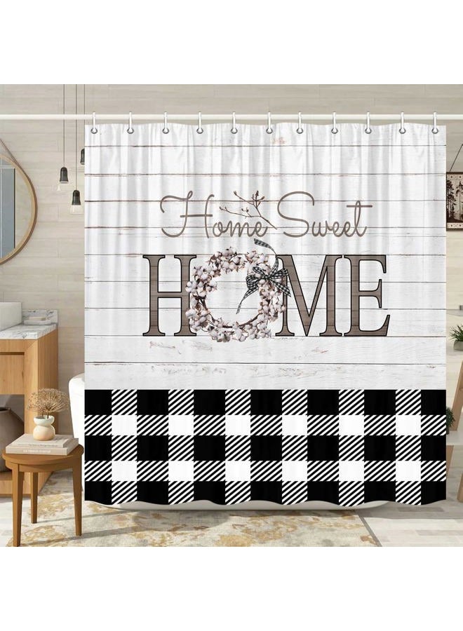 MERCHR Black White Buffalo Check Plaid Shower Curtain, Rustic Fabric Shower Curtains for Bathroom with Floral Decor on Wooden Board, Polyester Fabric Bathroom Shower Curtain with Hooks (69Wx70L) - Image 1