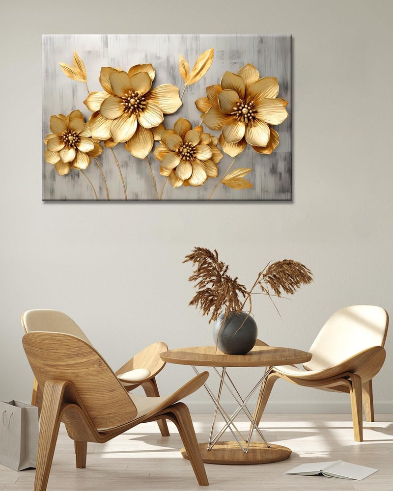 GLOKAKA Gold Metallic Flowers Print Wall Art Elegant Floral Flower Canvas on Grey Background Painting Picture Artwork for Living Room Bedroom Bathroom Decor (Gold Metallic Flowers, 18"x12") - Image 3
