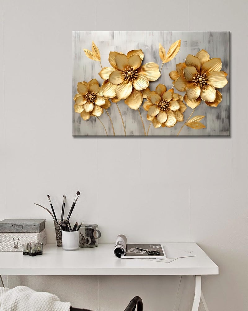 GLOKAKA Gold Metallic Flowers Print Wall Art Elegant Floral Flower Canvas on Grey Background Painting Picture Artwork for Living Room Bedroom Bathroom Decor (Gold Metallic Flowers, 18"x12") - Image 4
