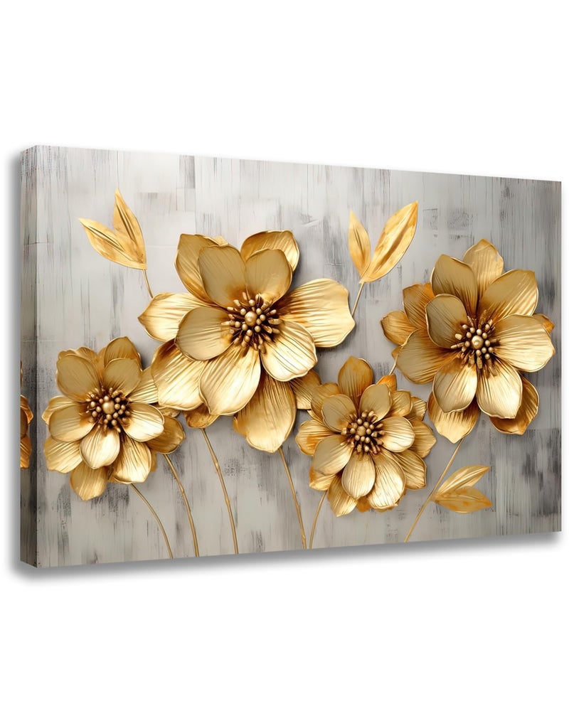 GLOKAKA Gold Metallic Flowers Print Wall Art Elegant Floral Flower Canvas on Grey Background Painting Picture Artwork for Living Room Bedroom Bathroom Decor (Gold Metallic Flowers, 18"x12") - Image 1