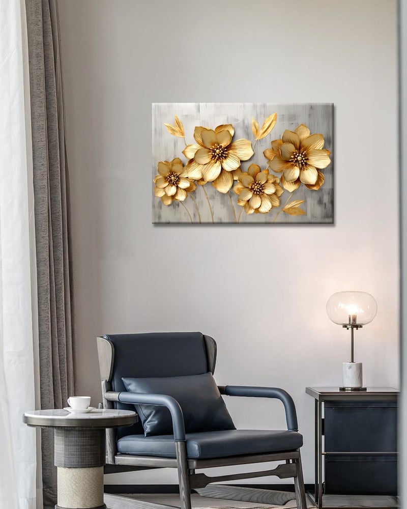 GLOKAKA Gold Metallic Flowers Print Wall Art Elegant Floral Flower Canvas on Grey Background Painting Picture Artwork for Living Room Bedroom Bathroom Decor (Gold Metallic Flowers, 18"x12") - Image 5