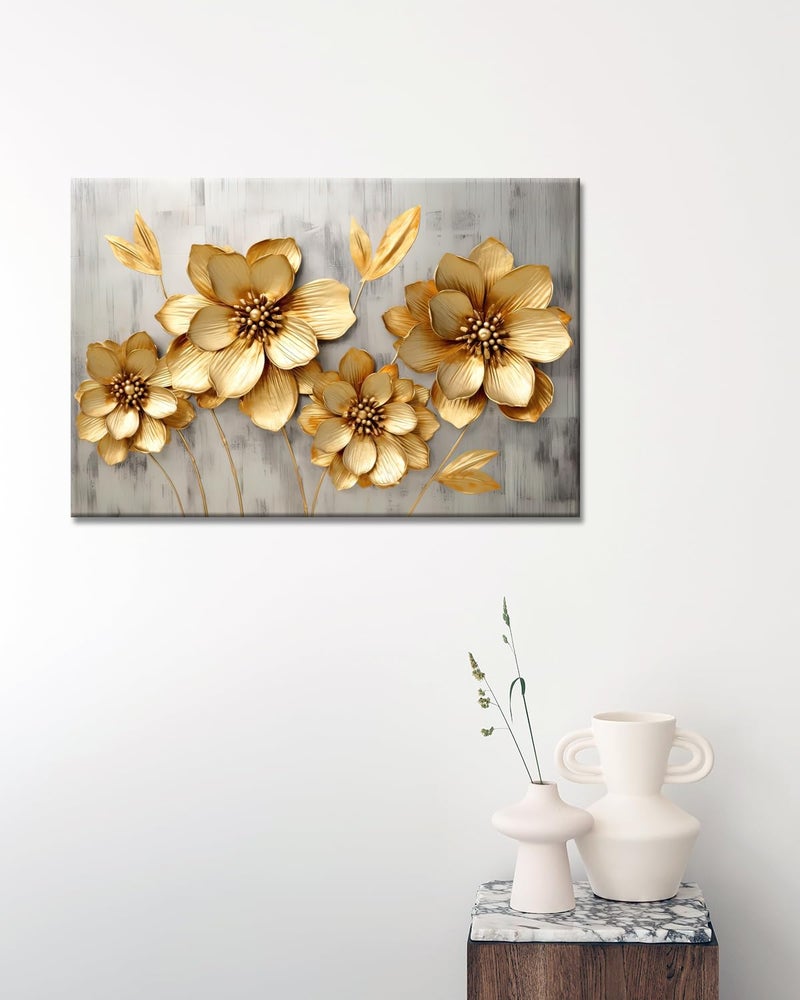 GLOKAKA Gold Metallic Flowers Print Wall Art Elegant Floral Flower Canvas on Grey Background Painting Picture Artwork for Living Room Bedroom Bathroom Decor (Gold Metallic Flowers, 18"x12") - Image 2