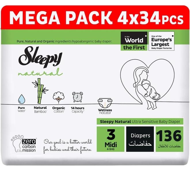 Sleepy حفاضات أطفال جافة مضادة للحساسية بحجم طبيعي 3، 4-9 كجم، قطن عضوي، عالية الامتصاص، مستخلص من البامبو، راحة وجفاف قصوى، حماية 100% من التسرب (3، 136، عدد) - Image 1