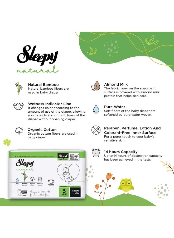 Sleepy حفاضات أطفال جافة مضادة للحساسية بحجم طبيعي 3، 4-9 كجم، قطن عضوي، عالية الامتصاص، مستخلص من البامبو، راحة وجفاف قصوى، حماية 100% من التسرب (3، 136، عدد) - Image 3
